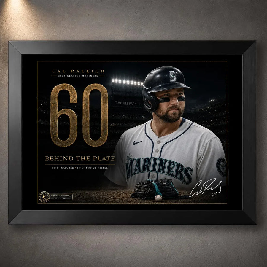 Black framed Cal Raleigh 60-homer baseball wall art featuring the record-setting catcher in Mariners colours.