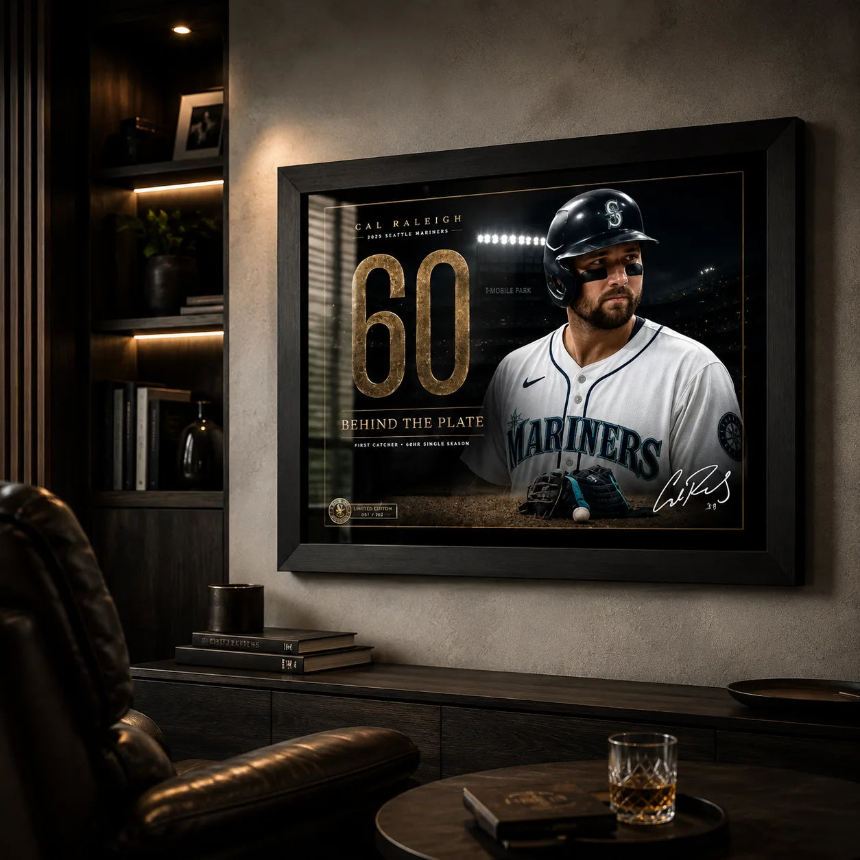 Cal Raleigh baseball wall art shown in a dark man cave with timber shelving and collector-style lighting.