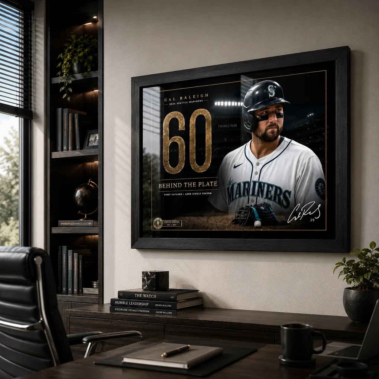 Cal Raleigh 60-homer wall art mounted in a refined home office with dark timber furniture and shelving.