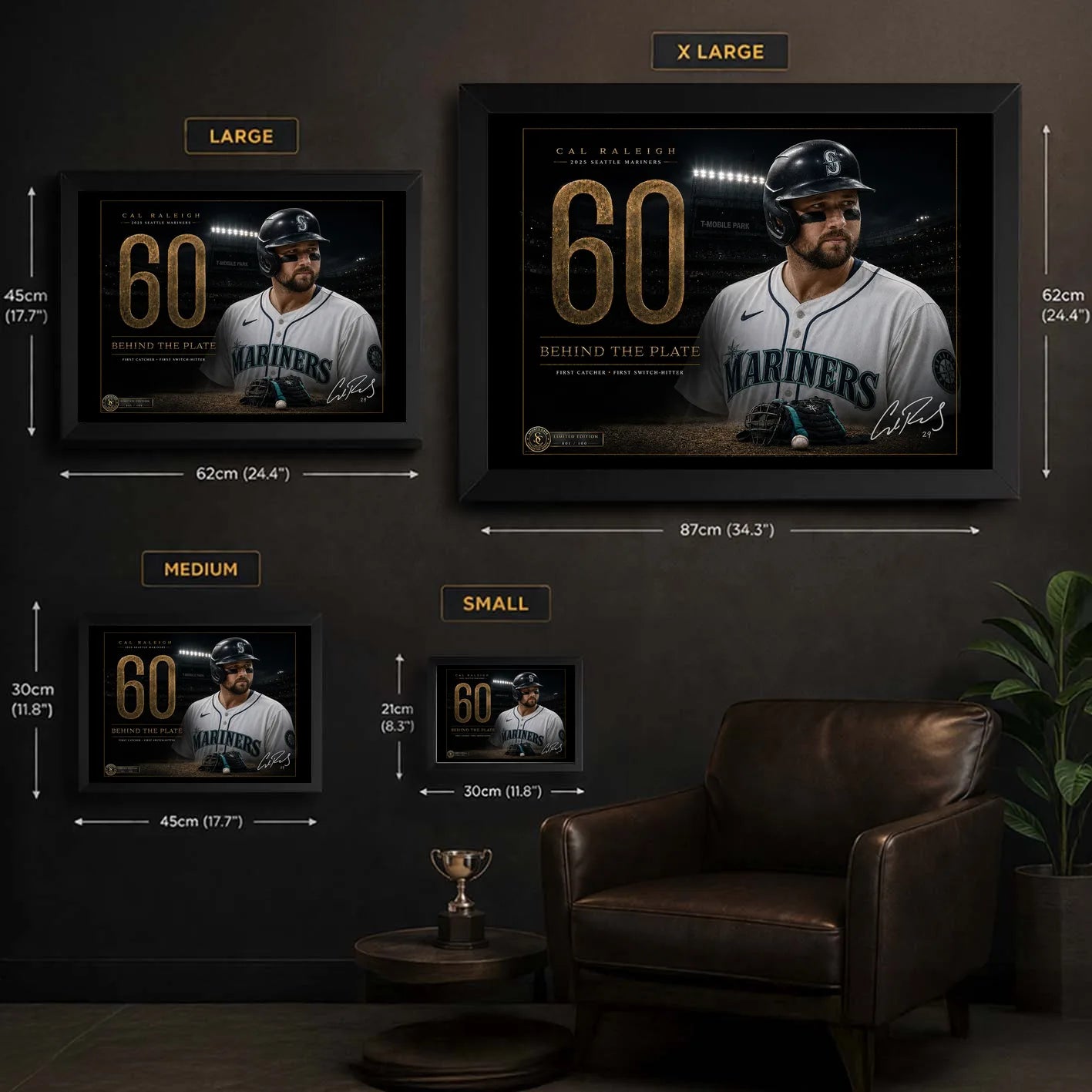 Cal Raleigh wall art size guide showing the available framed XL, large, medium and small dimensions.
