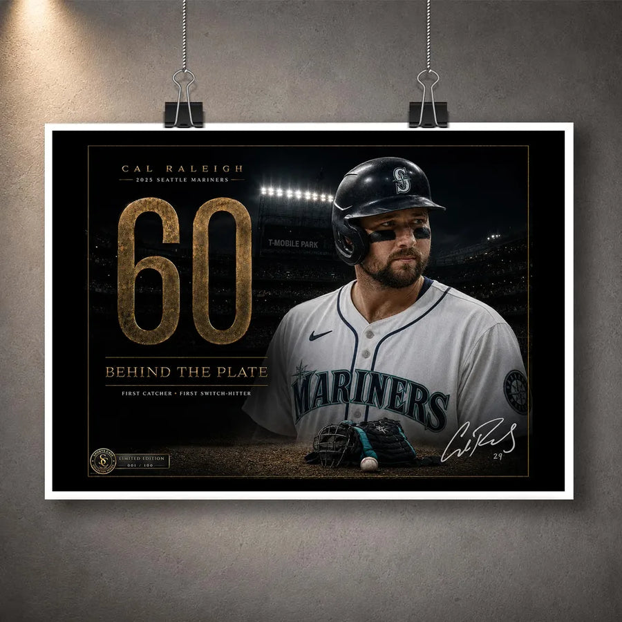 Unframed Cal Raleigh 60-homer baseball wall art print featuring the Behind the Plate tribute design.