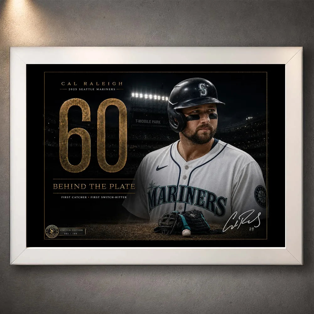 White framed Cal Raleigh 60-homer baseball wall art with black and gold collector artwork.