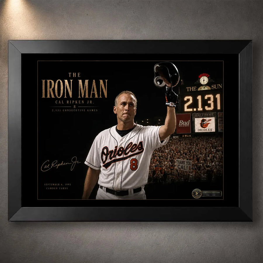 Black framed Cal Ripken Jr. baseball wall art celebrating his 2,131 consecutive-game record at Camden Yards.
