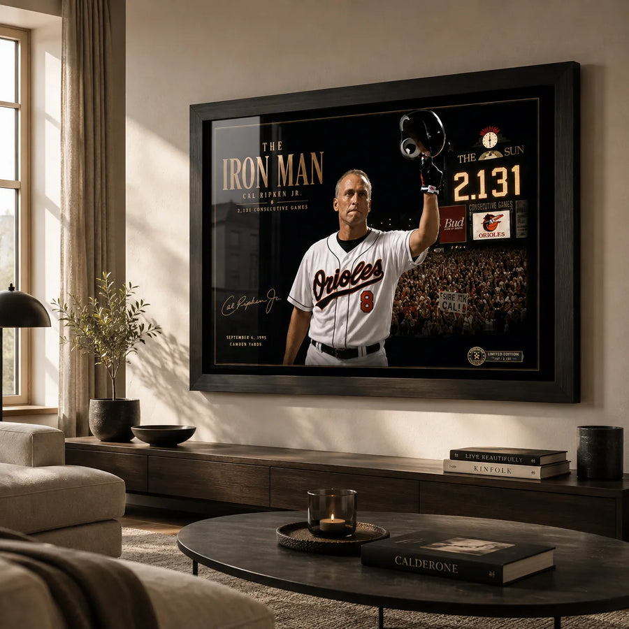 Cal Ripken Jr. wall art displayed in a warm living room with natural light and a premium black frame.