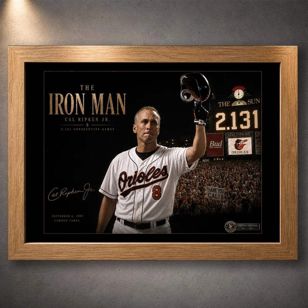 Oak framed Cal Ripken Jr. baseball wall art featuring The Iron Man 2,131 consecutive-games tribute.