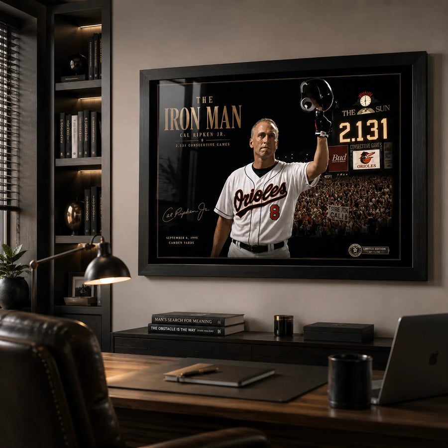 Cal Ripken Jr. wall art displayed in a modern office above a timber desk with a premium black frame.