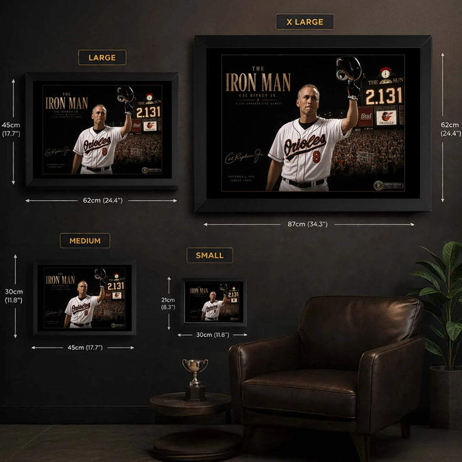 Cal Ripken Jr. wall art size guide showing Small, Medium, Large and X Large framed dimensions.
