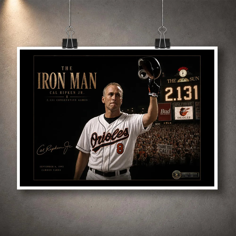 Unframed Cal Ripken Jr. baseball wall art design featuring The Iron Man and 2,131 consecutive games.