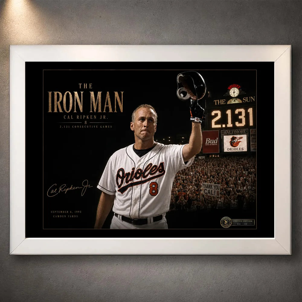 White framed Cal Ripken Jr. baseball wall art featuring The Iron Man 2,131 consecutive-games tribute.