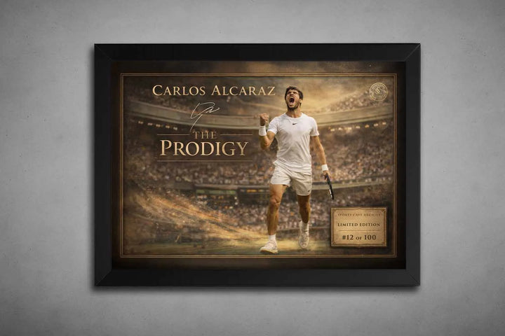 Carlos Alcaraz celebrates on court in a black frame, capturing intensity and movement in premium framed sports art for collectors.