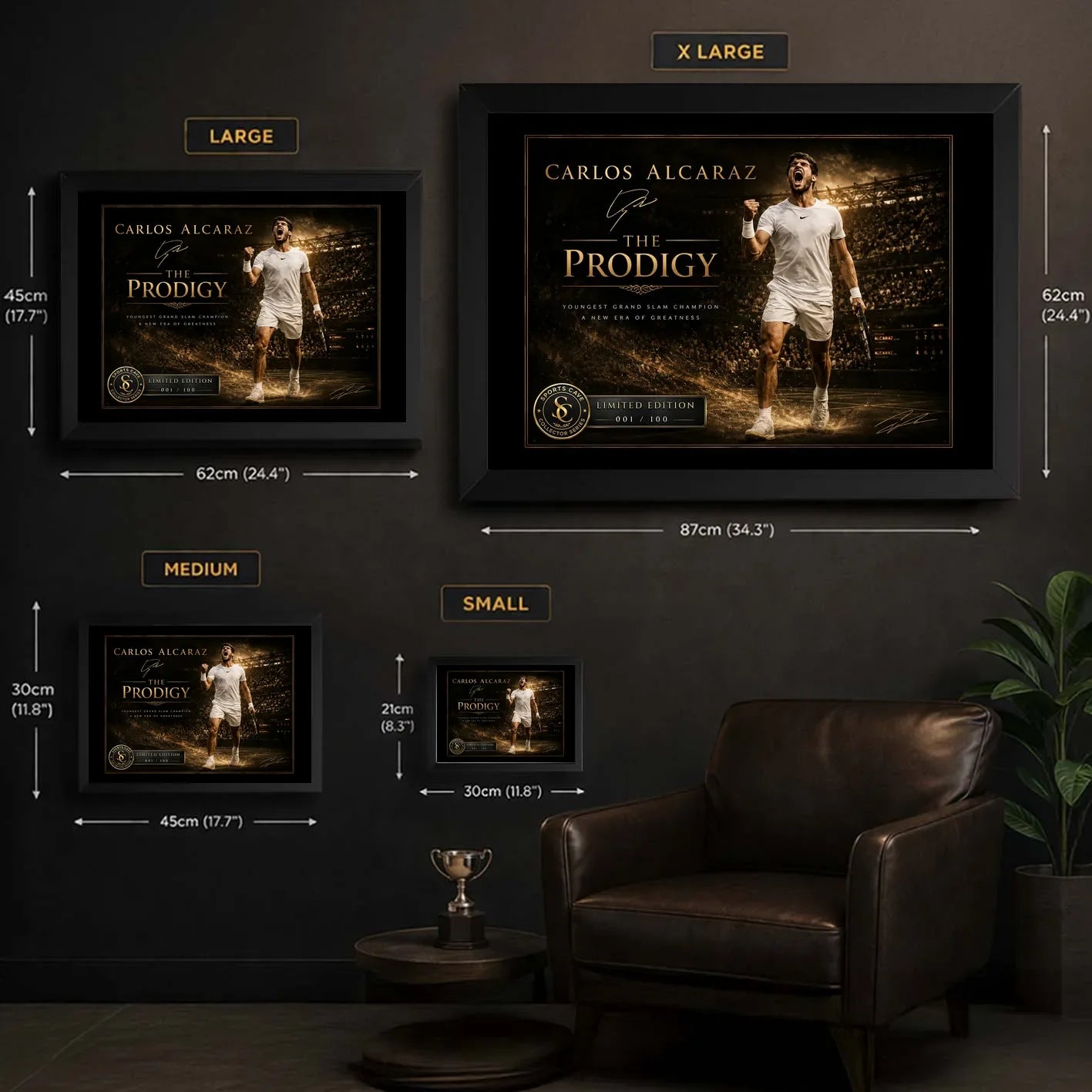 Carlos Alcaraz tennis wall art size guide showing S, M, L and XL options for premium sports collectibles.