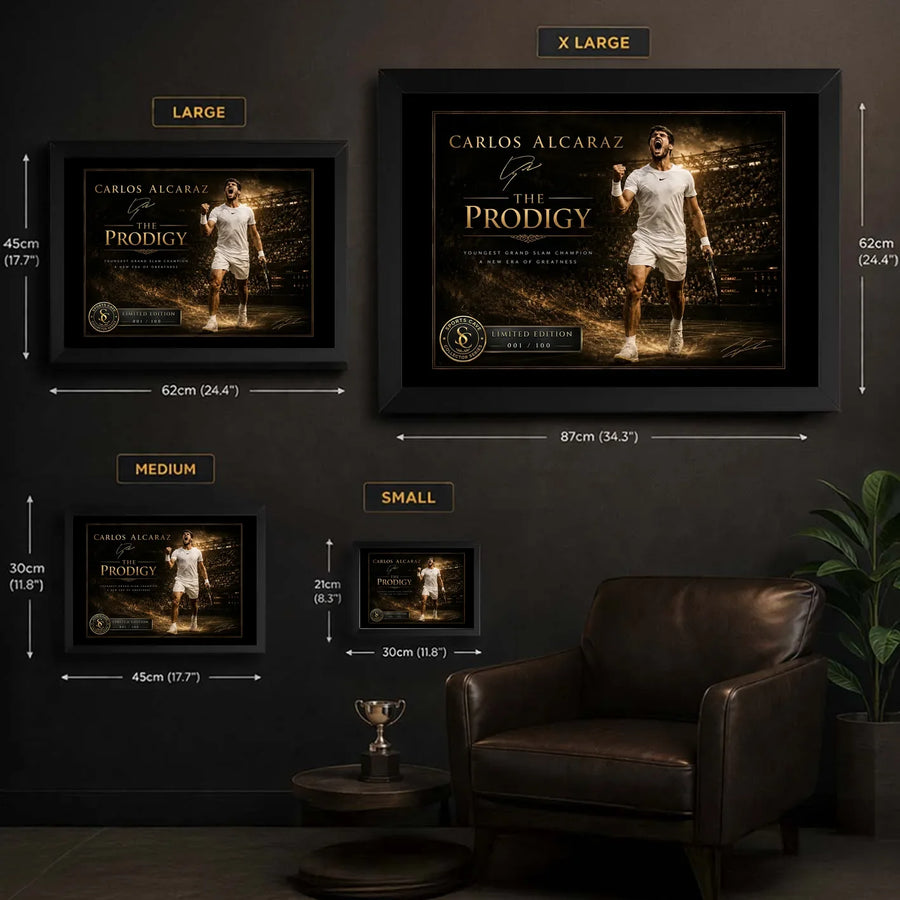 Carlos Alcaraz tennis wall art size guide showing S, M, L and XL options for premium sports collectibles.