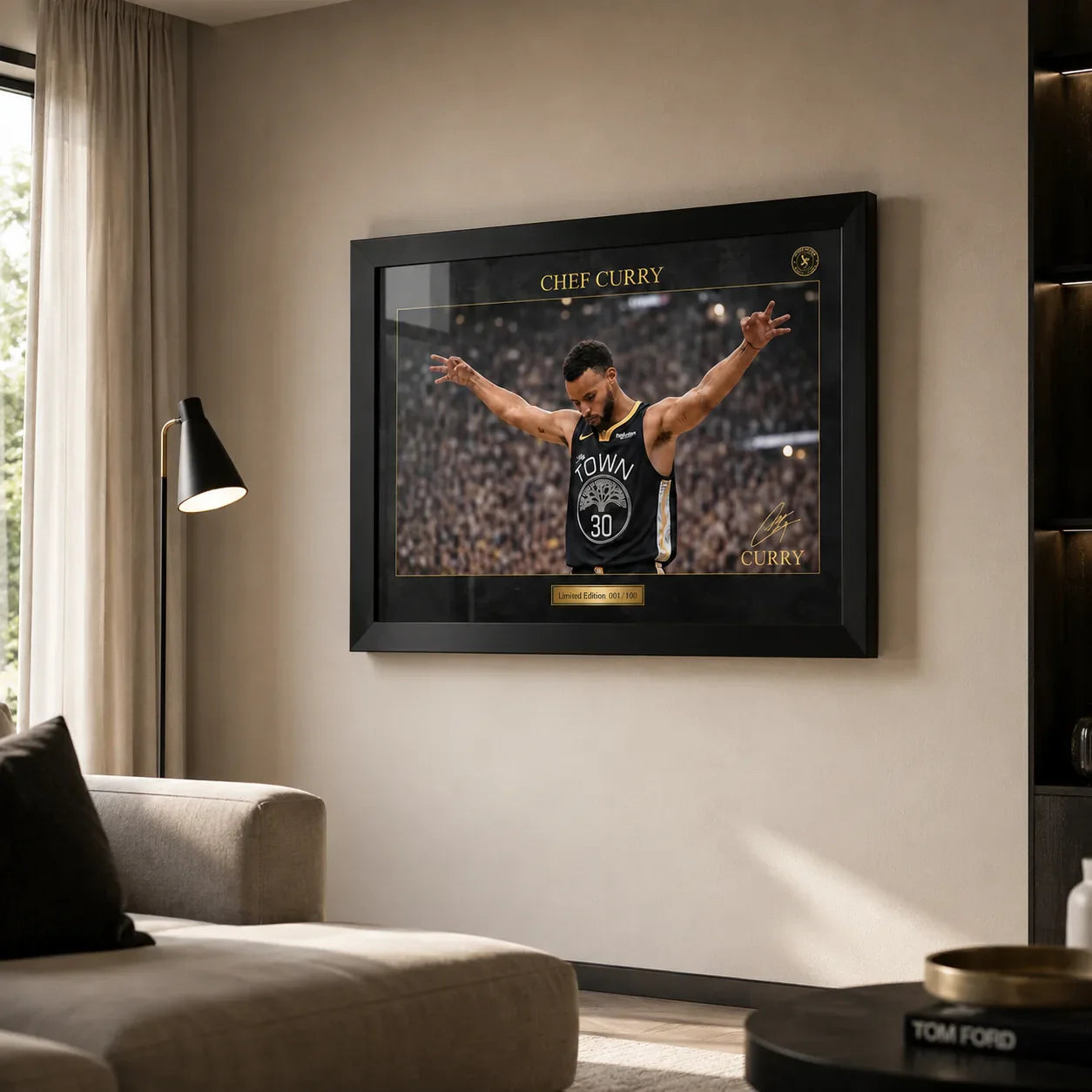 Chef Curry basketball wall art displayed in a premium living room with black frame and soft natural light.