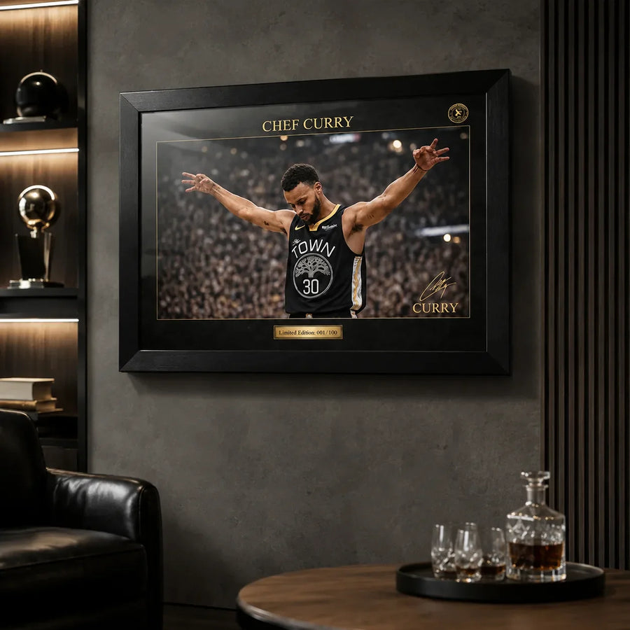 Chef Curry basketball wall art shown in a dark man cave setting with black frame and glass reflections.