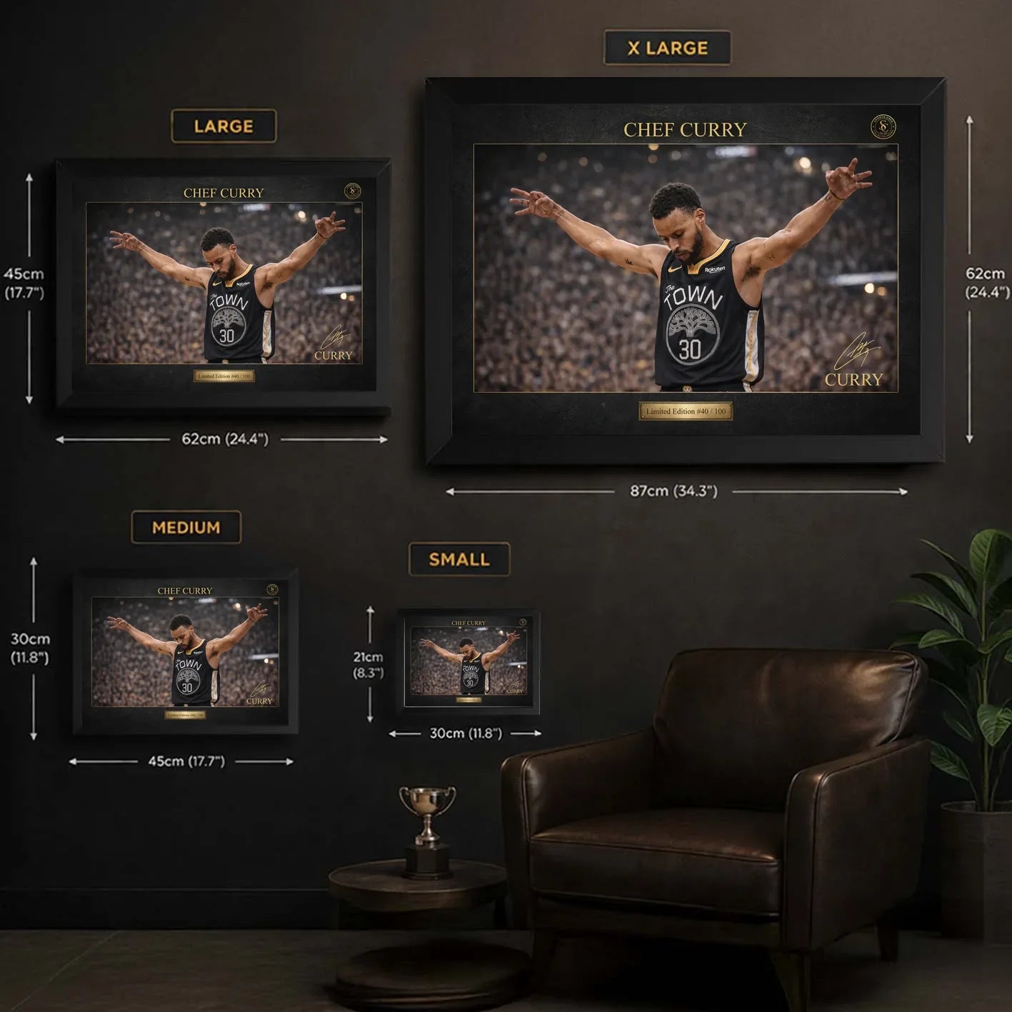 Chef Curry framed basketball wall art size guide showing small, medium, large and extra-large options.