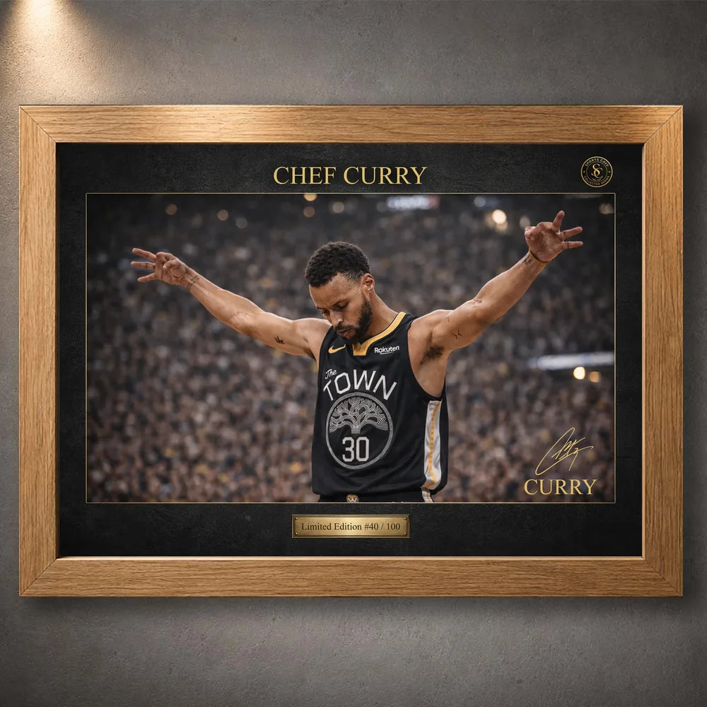 Chef Curry basketball wall art in an oak frame, shown front-on with black and gold artwork details.