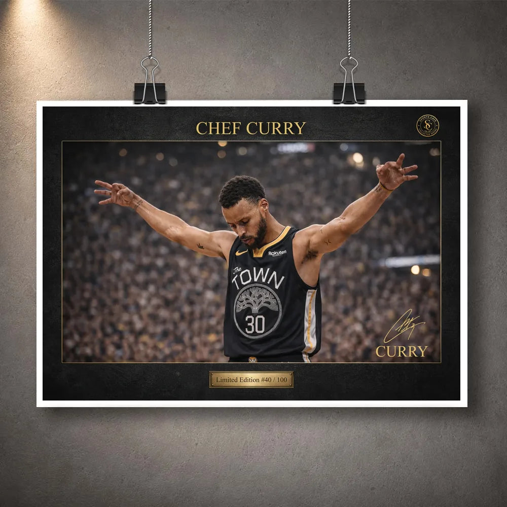 Chef Curry basketball wall art as an unframed print, clipped on a wall with a white border.