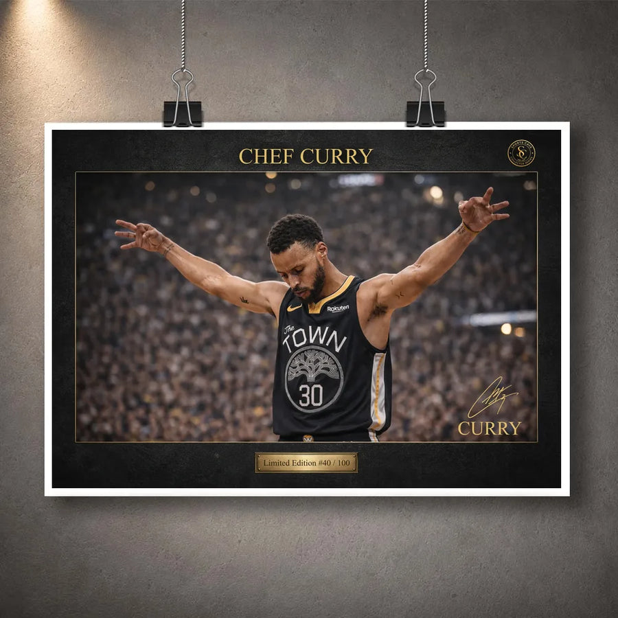 Chef Curry basketball wall art as an unframed print, clipped on a wall with a white border.