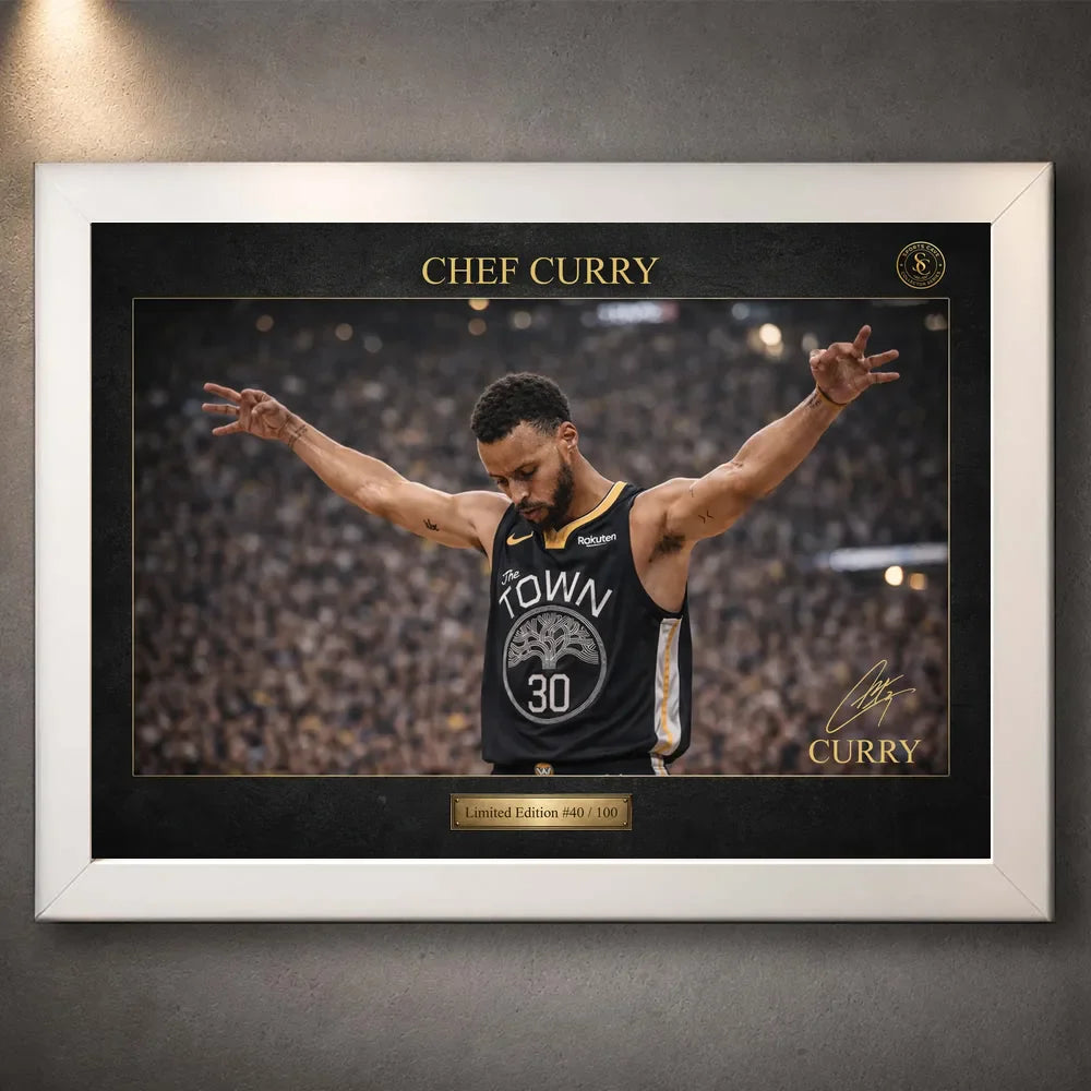 Chef Curry basketball wall art in a white frame, shown front-on against a dark textured wall.
