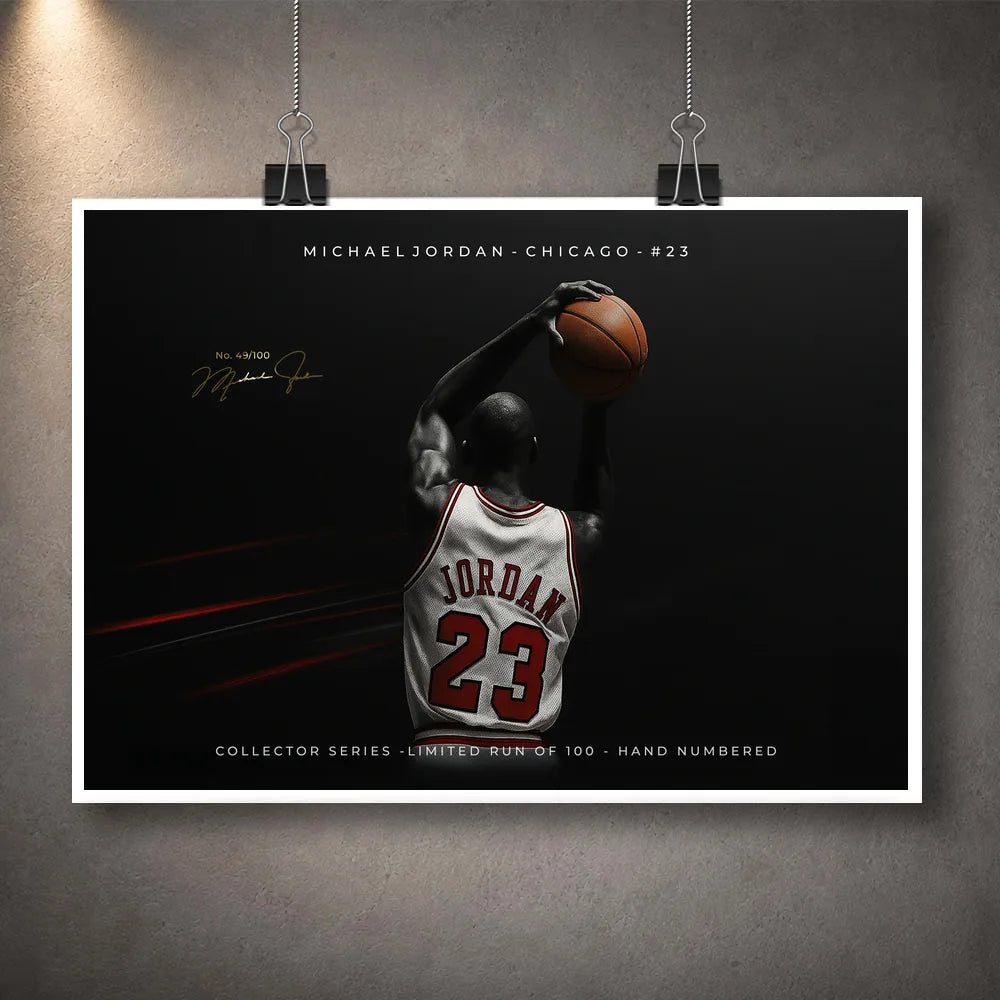 Unframed Chicago No. 23 basketball art print displayed with clips on a grey wall.