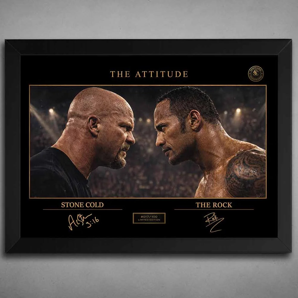 Stone Cold vs The Rock framed in matte black, intense face-off artwork styled as premium sports collectibles for fans
