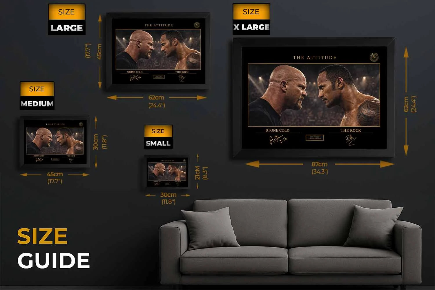 Stone Cold vs The Rock size guide showing multiple frame sizes, premium sports wall art for any space or room scale