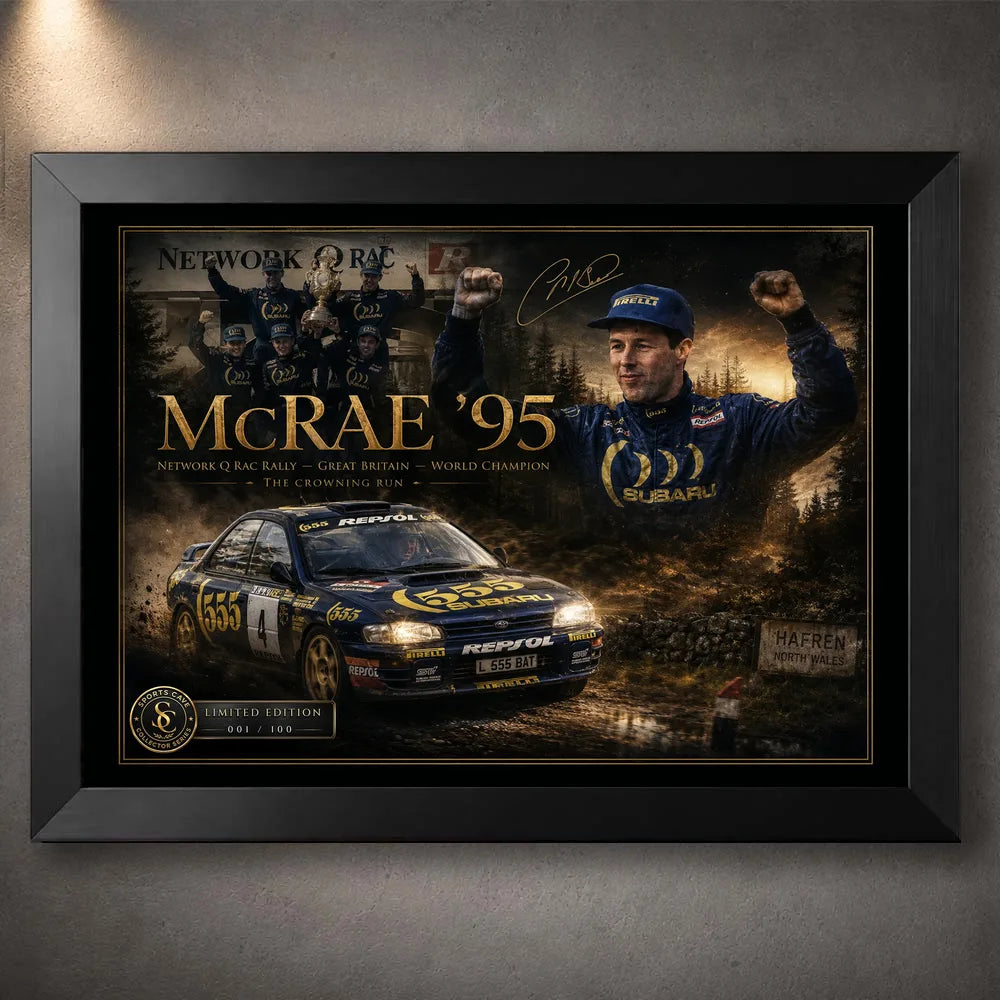 Colin McRae 95 motorsport wall art in a black frame, featuring the RAC Rally tribute artwork on a dark wall.