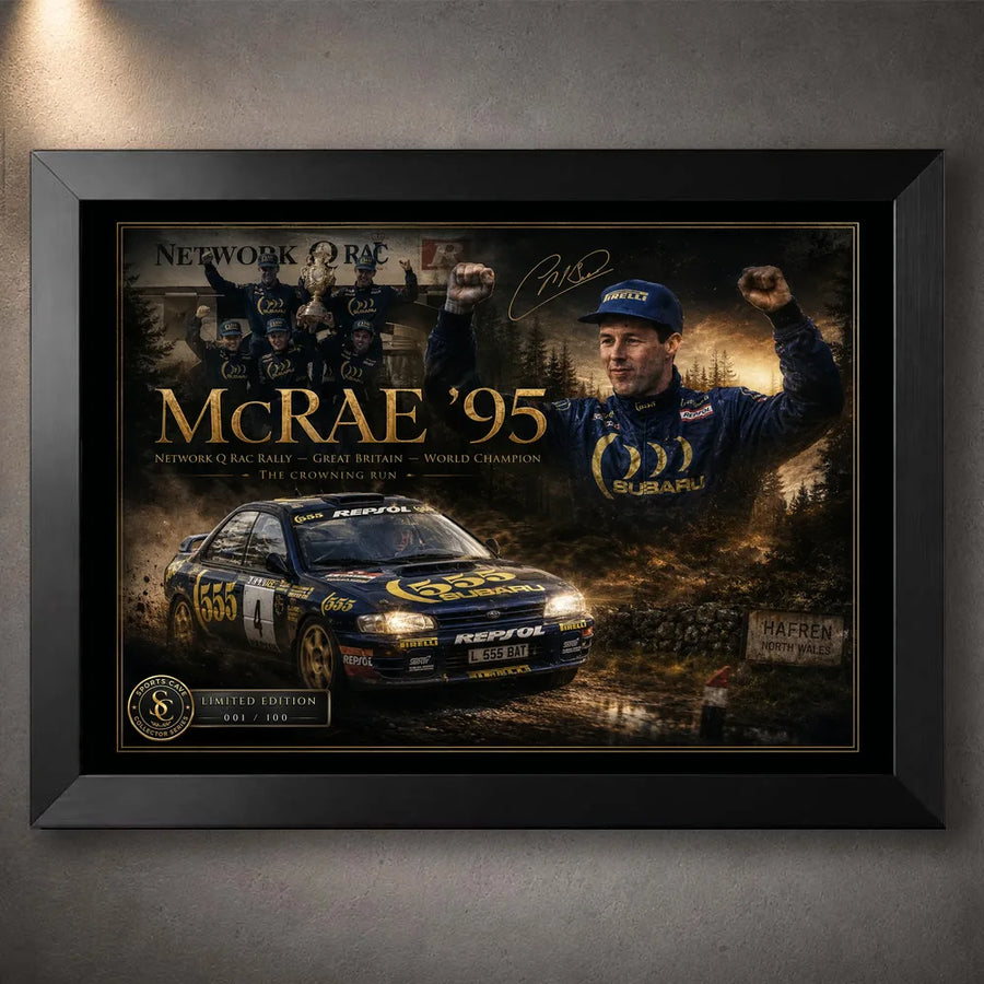 Colin McRae 95 motorsport wall art in a black frame, featuring the RAC Rally tribute artwork on a dark wall.