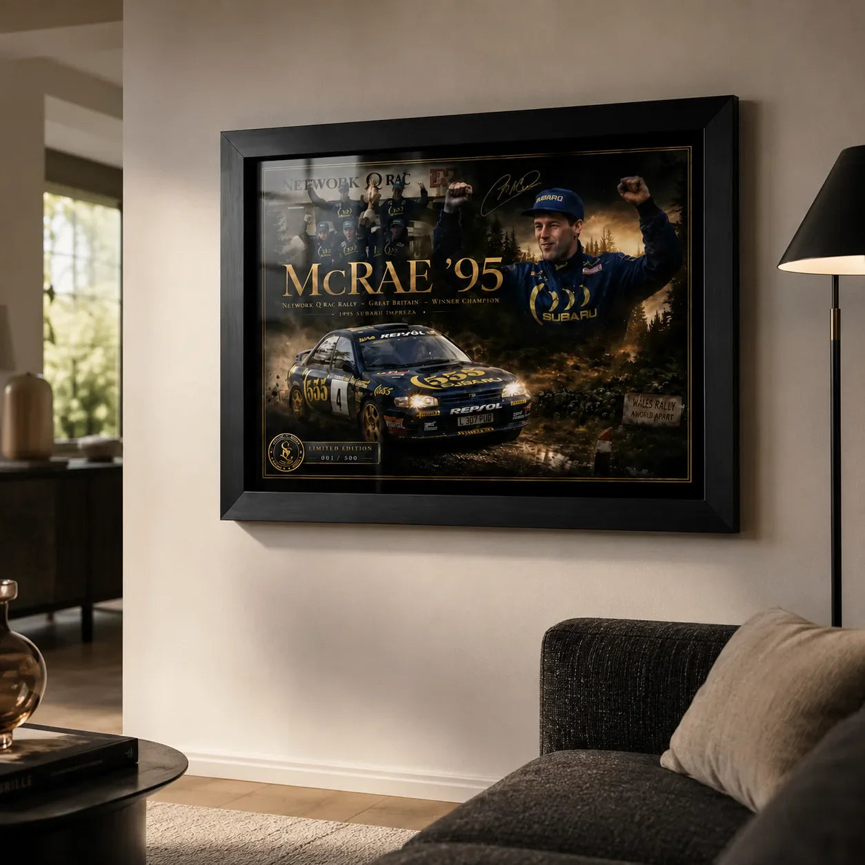 Colin McRae 95 framed motorsport wall art shown in a modern living room above a dark sofa.