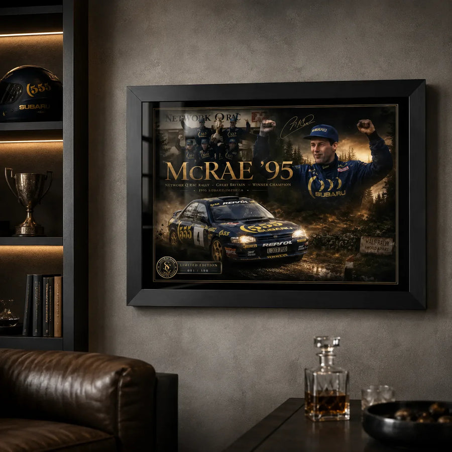 Colin McRae 95 framed motorsport wall art styled in a man cave with leather seating and trophy decor.