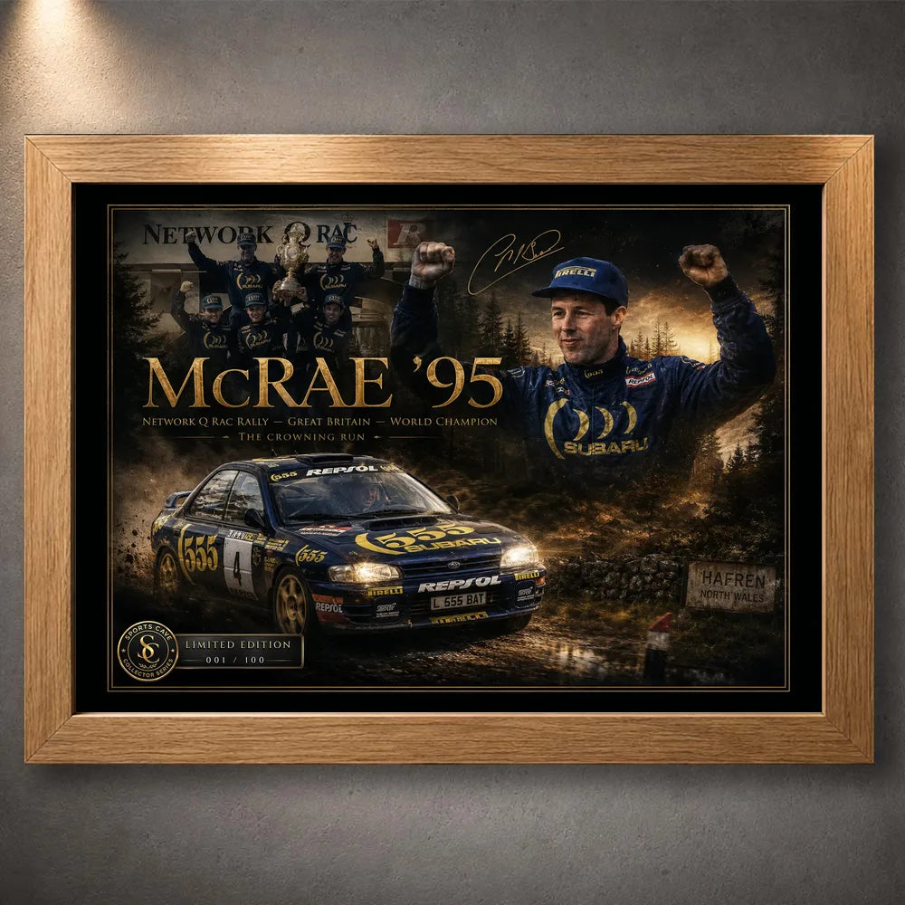 Colin McRae 95 motorsport wall art in an oak frame, featuring the RAC Rally tribute artwork on a grey wall.