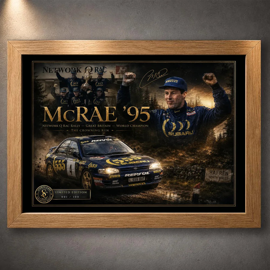 Colin McRae 95 motorsport wall art in an oak frame, featuring the RAC Rally tribute artwork on a grey wall.