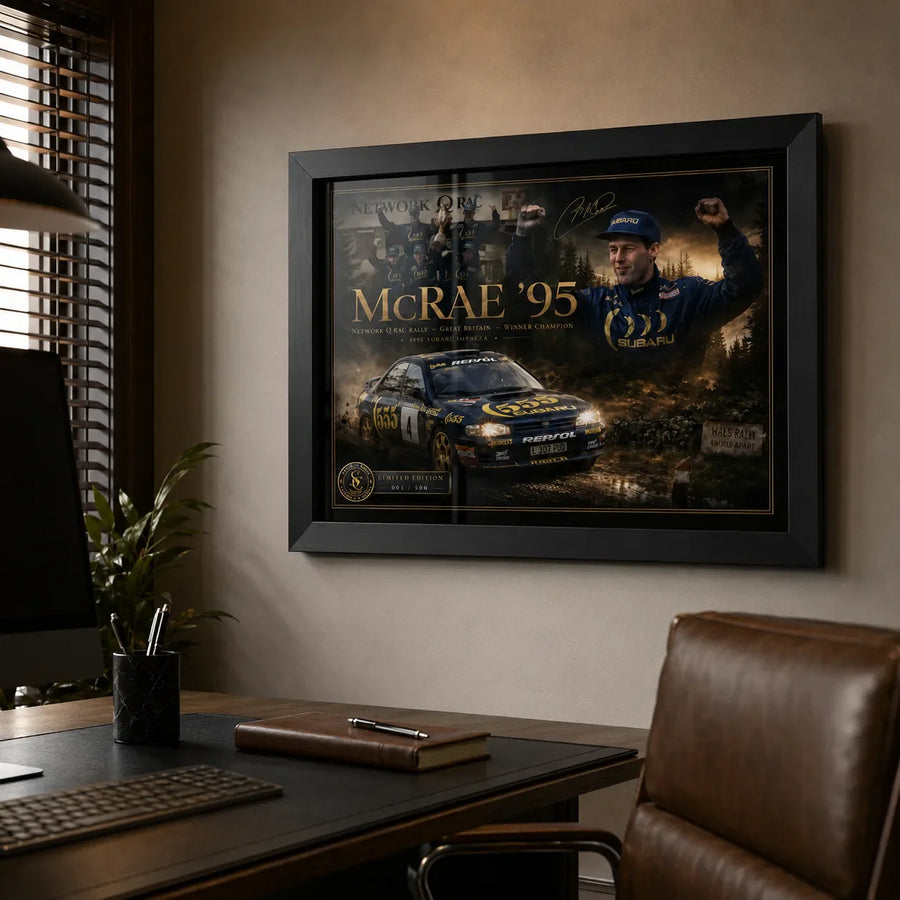 Colin McRae 95 framed motorsport wall art in a premium home office lifestyle setting.