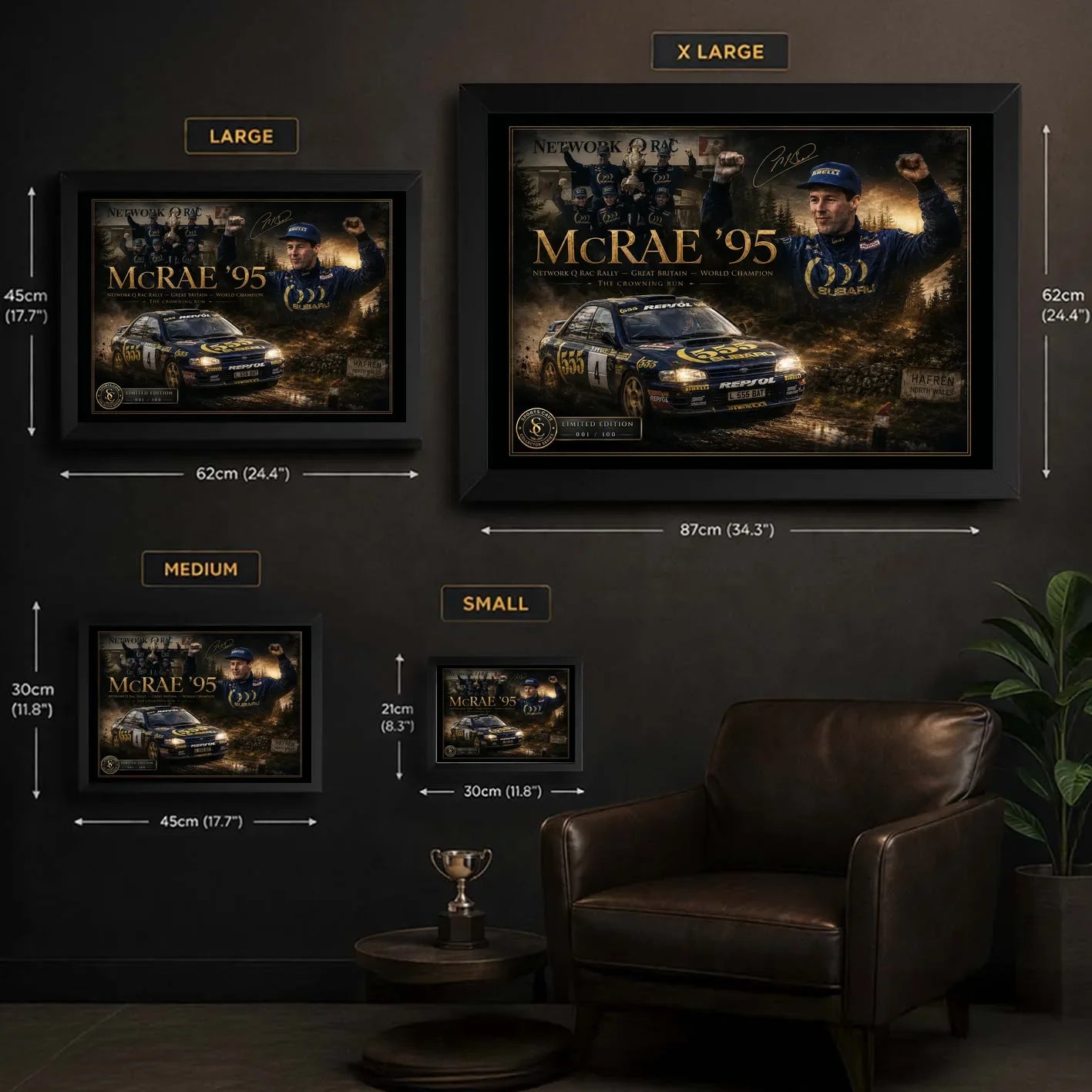 Colin McRae 95 framed motorsport wall art size guide showing S, M, L and XL dimensions in cm and inches.