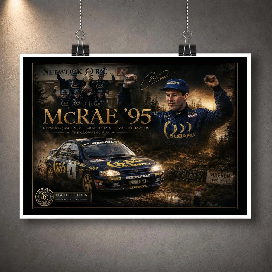 Colin McRae 95 unframed motorsport wall art print hanging with clips on a grey feature wall.