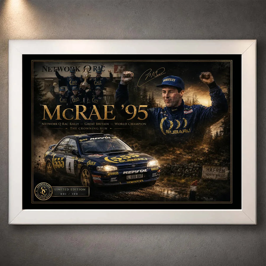 Colin McRae 95 motorsport wall art in a white frame, featuring the RAC Rally tribute artwork on a grey wall.