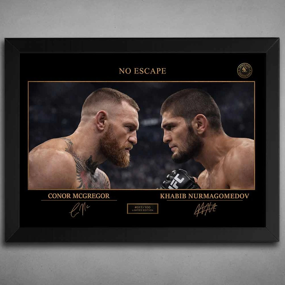 A black frame highlights No Escape rivalry between Conor McGregor and Khabib Nurmagomedov, framed sports memorabilia for fans.