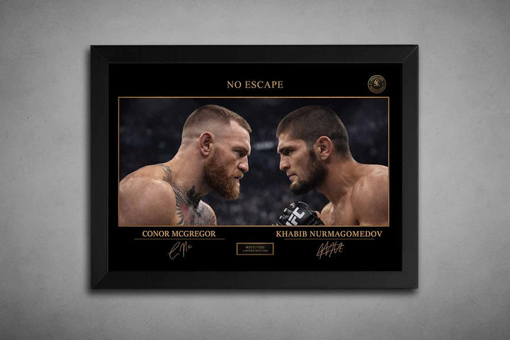 A black frame highlights No Escape rivalry between Conor McGregor and Khabib Nurmagomedov, framed sports memorabilia for fans.