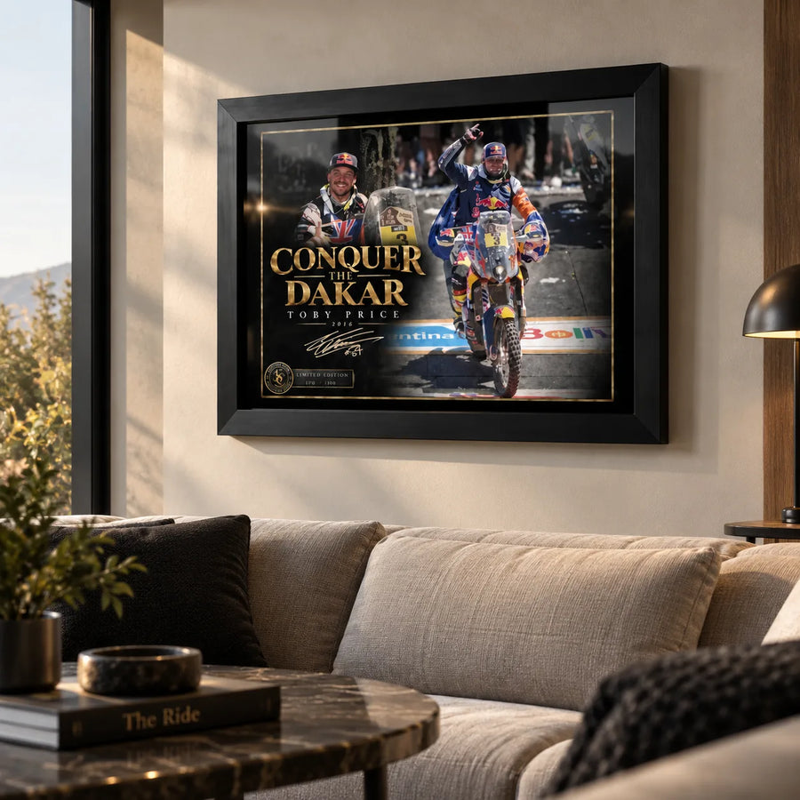 Toby Price motorsport wall art displayed in a bright living room above a neutral sofa.