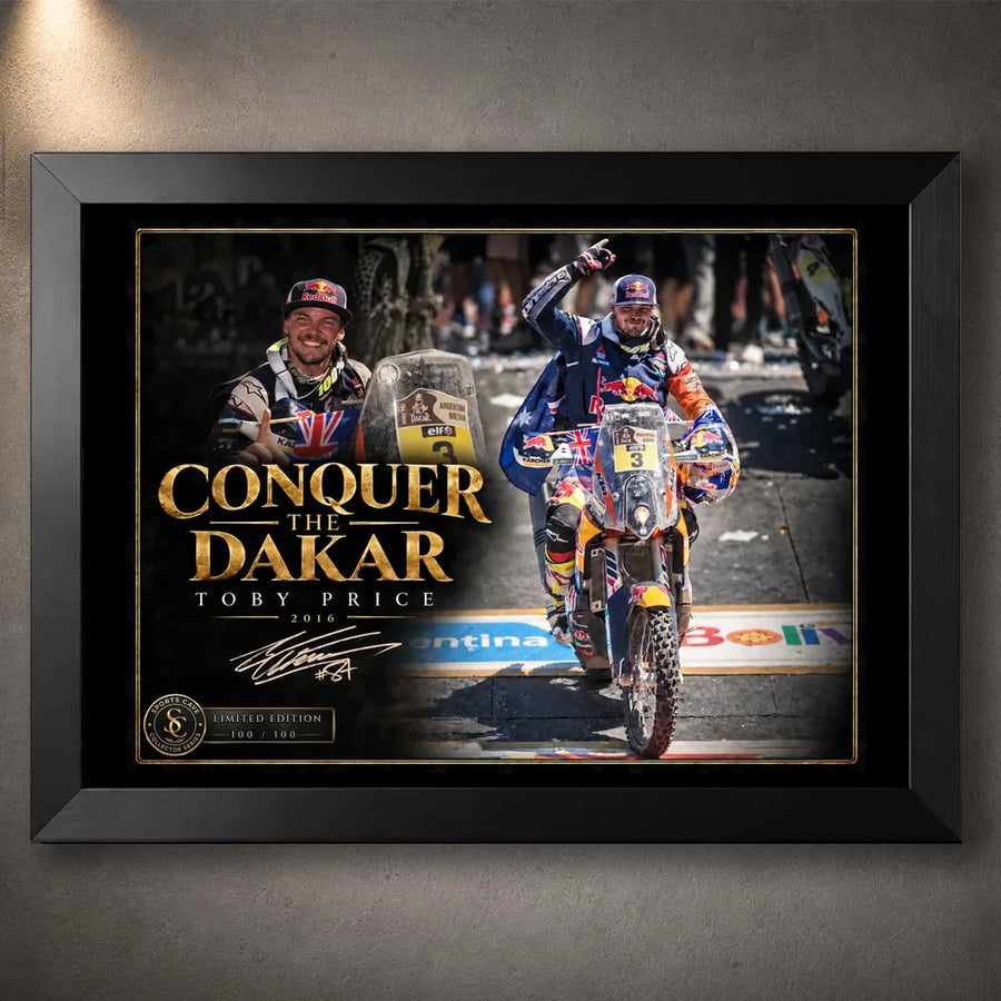 Black framed Toby Price wall art featuring the Conquer The Dakar motorsport design for a collector display.