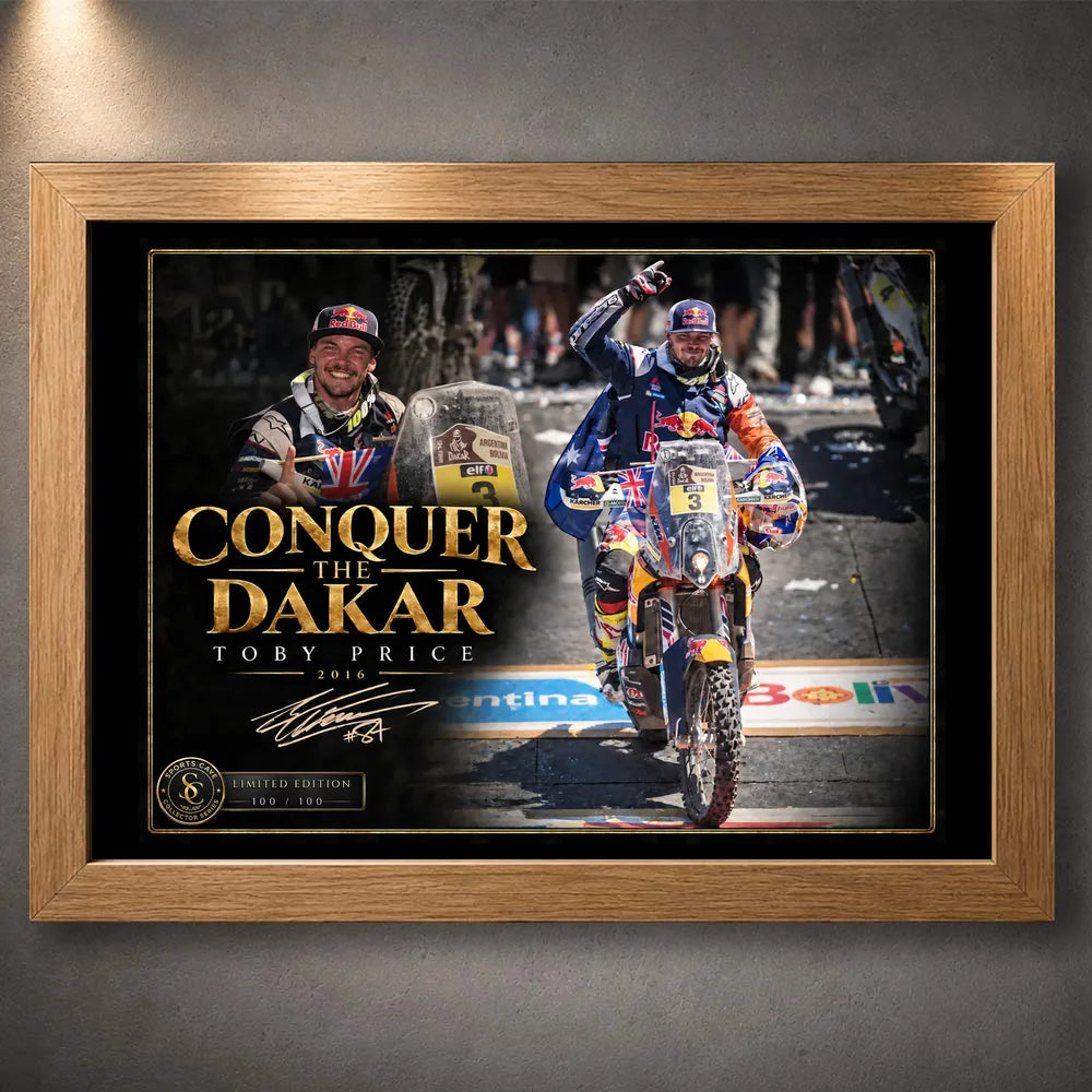 Oak framed Toby Price wall art featuring the Conquer The Dakar motorsport design on a dark wall.
