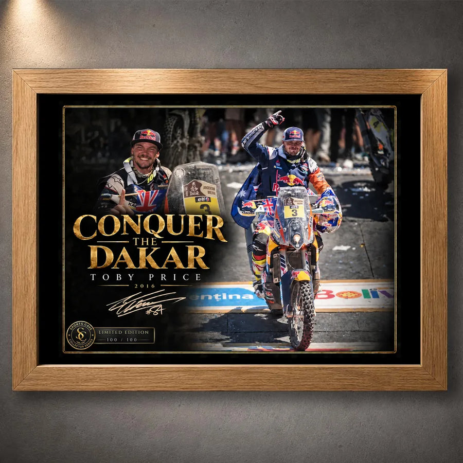 Oak framed Toby Price wall art featuring the Conquer The Dakar motorsport design on a dark wall.