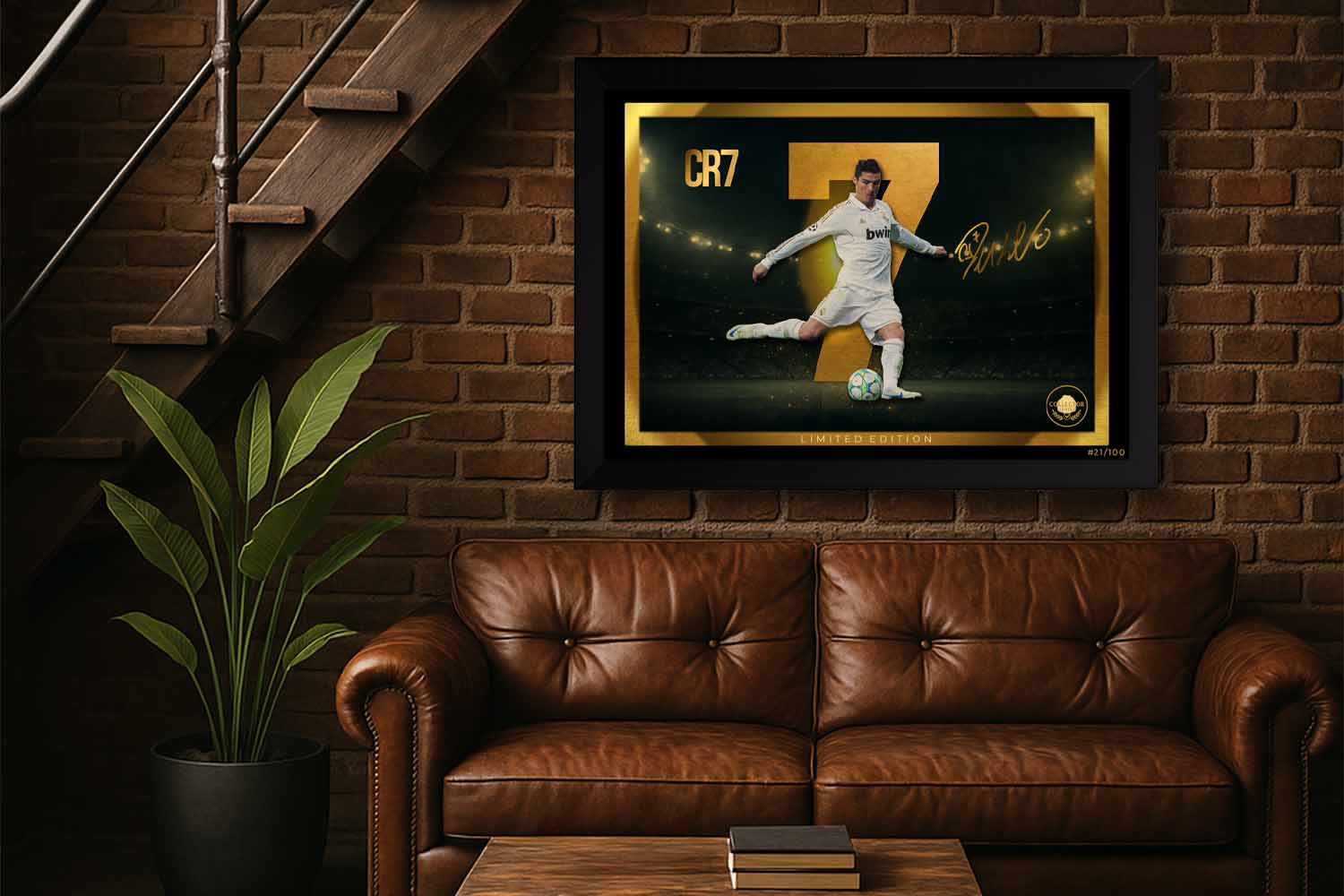 CR7 wall art framed in black, displayed above a leather sofa in a man cave setting — part of a premium limited edition sports collectible series.