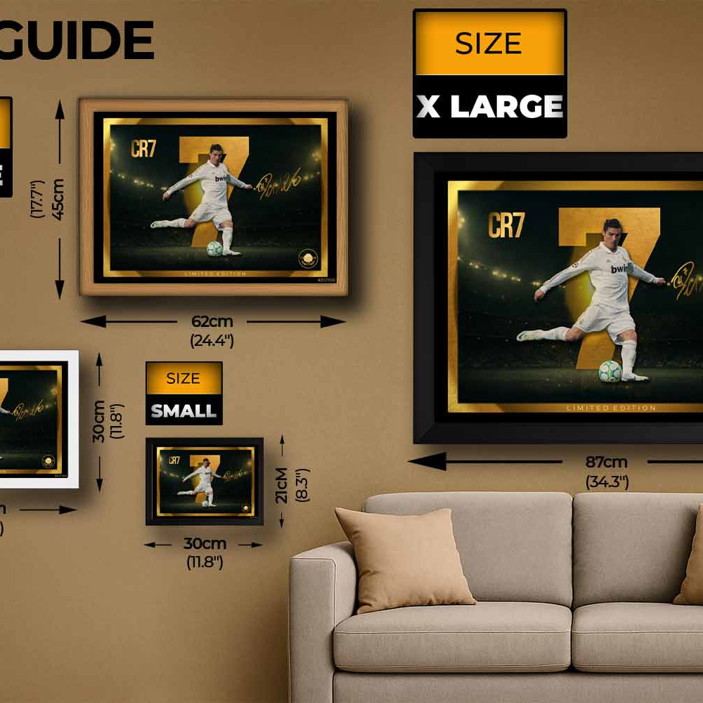 Size guide for framed CR7 wall art — limited edition sports prints available in small, medium, large, and extra-large sizes for premium man cave décor.