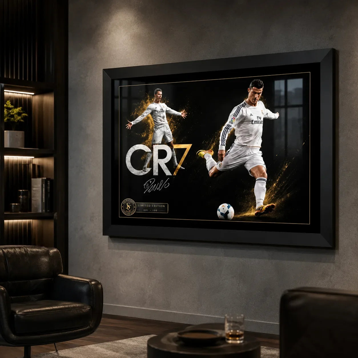 Black-framed Cristiano Ronaldo CR7 soccer wall art featured on a charcoal wall in a premium leather man cave.