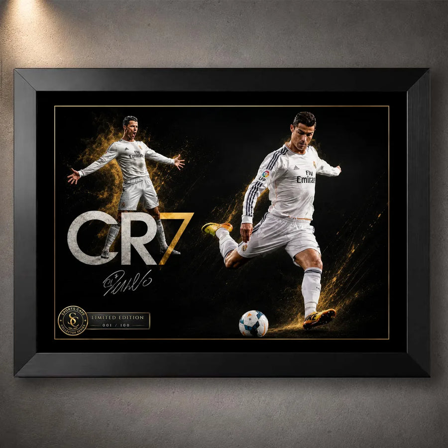 Cristiano Ronaldo CR7 soccer wall art displayed in a black frame against a softly lit textured grey wall.