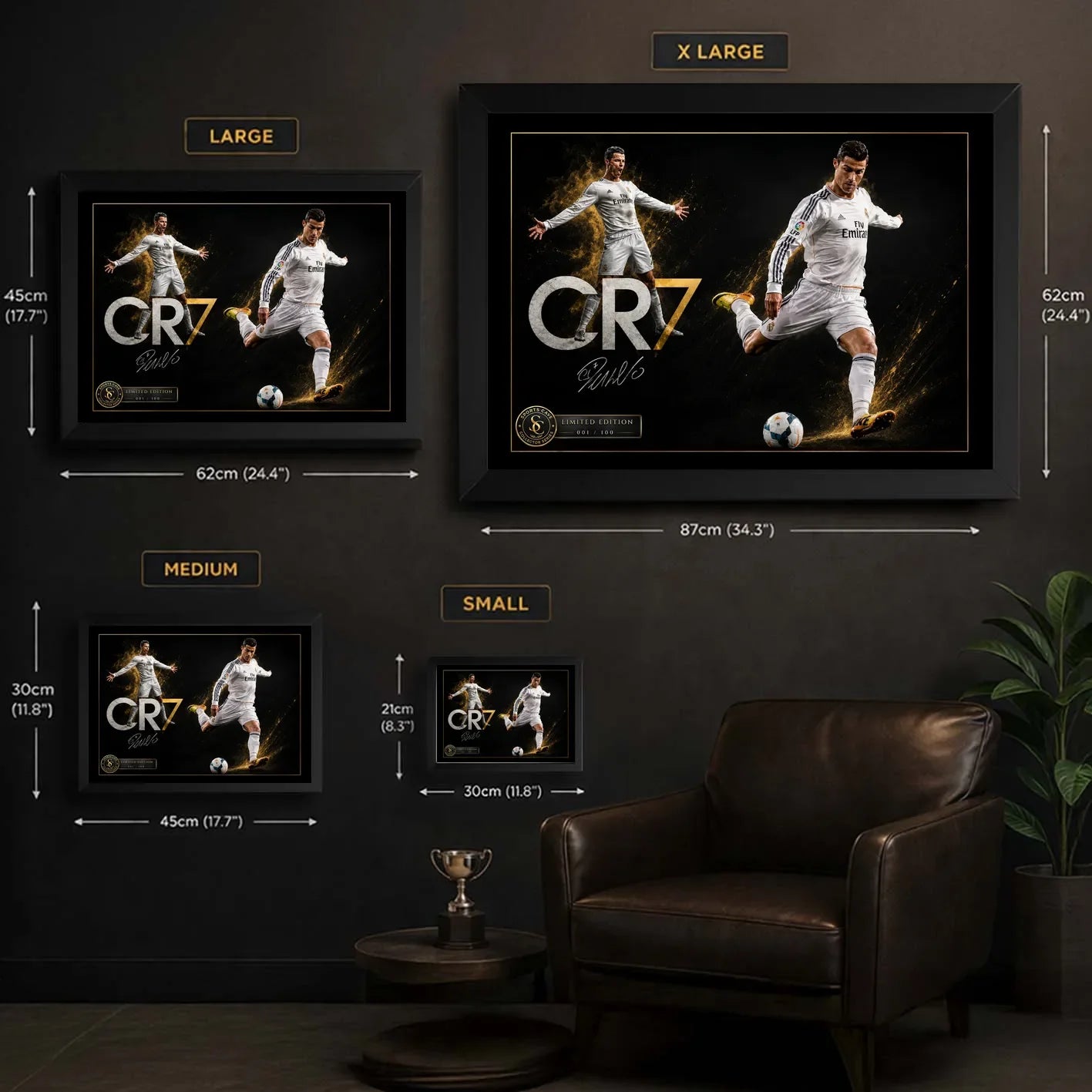 Cristiano Ronaldo CR7 framed soccer wall art size guide showing Small, Medium, Large and X Large dimensions.