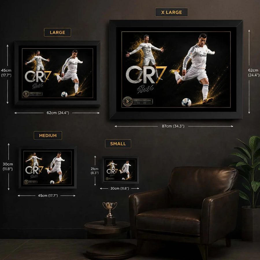 Cristiano Ronaldo CR7 framed soccer wall art size guide showing Small, Medium, Large and X Large dimensions.
