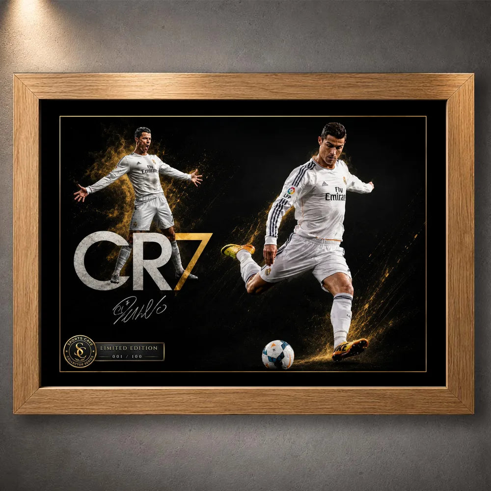 Cristiano Ronaldo CR7 soccer wall art displayed in a natural oak frame against a softly lit grey wall.
