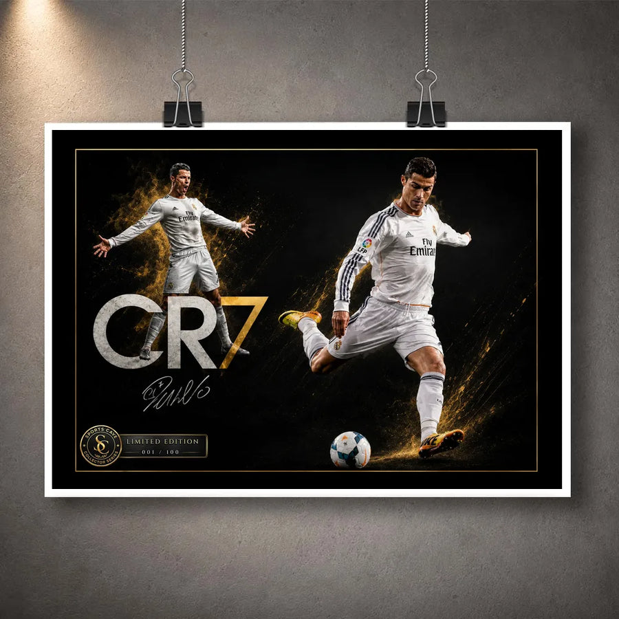 Unframed Cristiano Ronaldo CR7 soccer wall art print suspended with black clips against a textured grey wall.